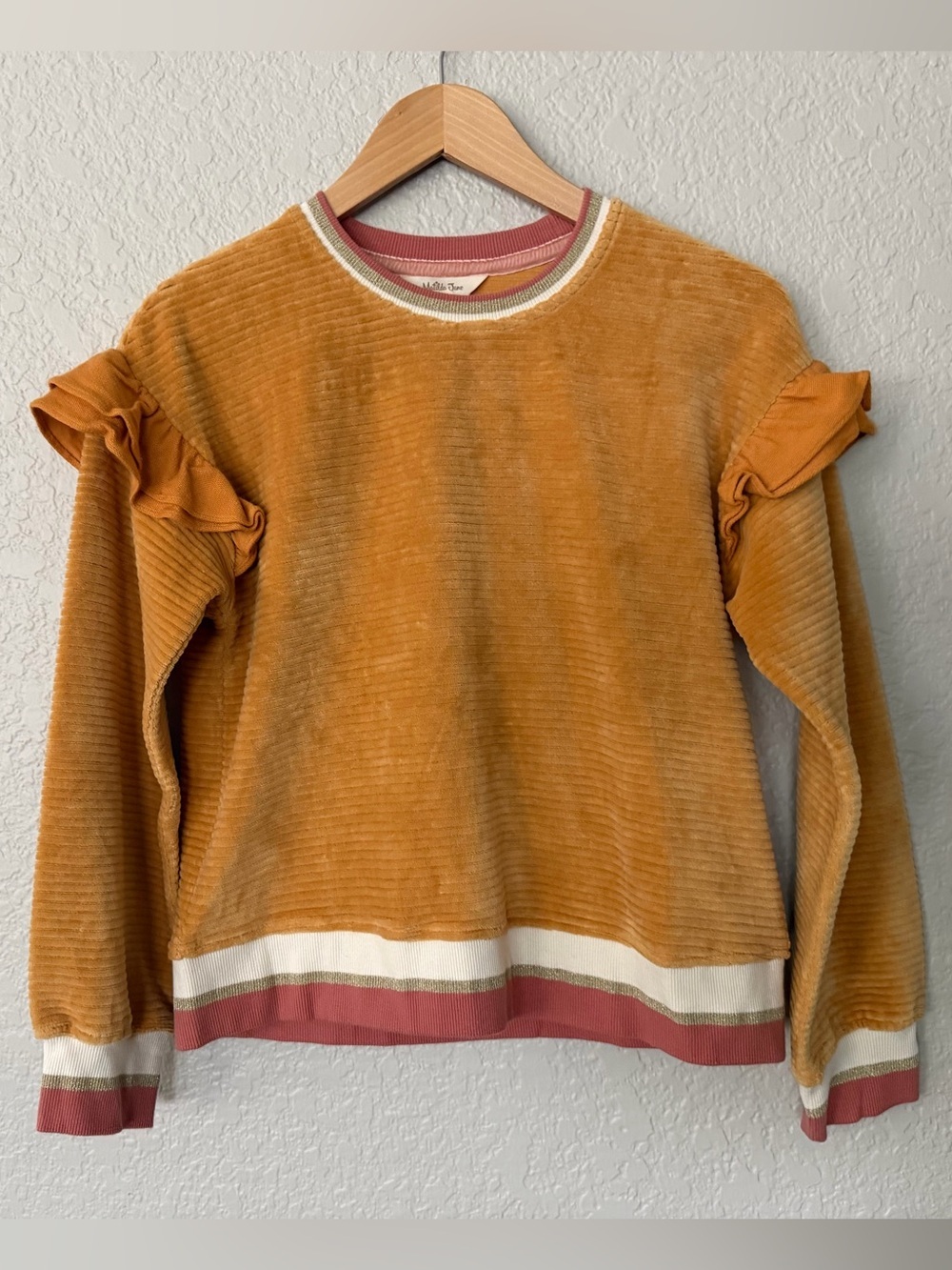 Matilda Jane just imagine Jojo Mustard Ruffle Crew Sweater with Stripe Hem